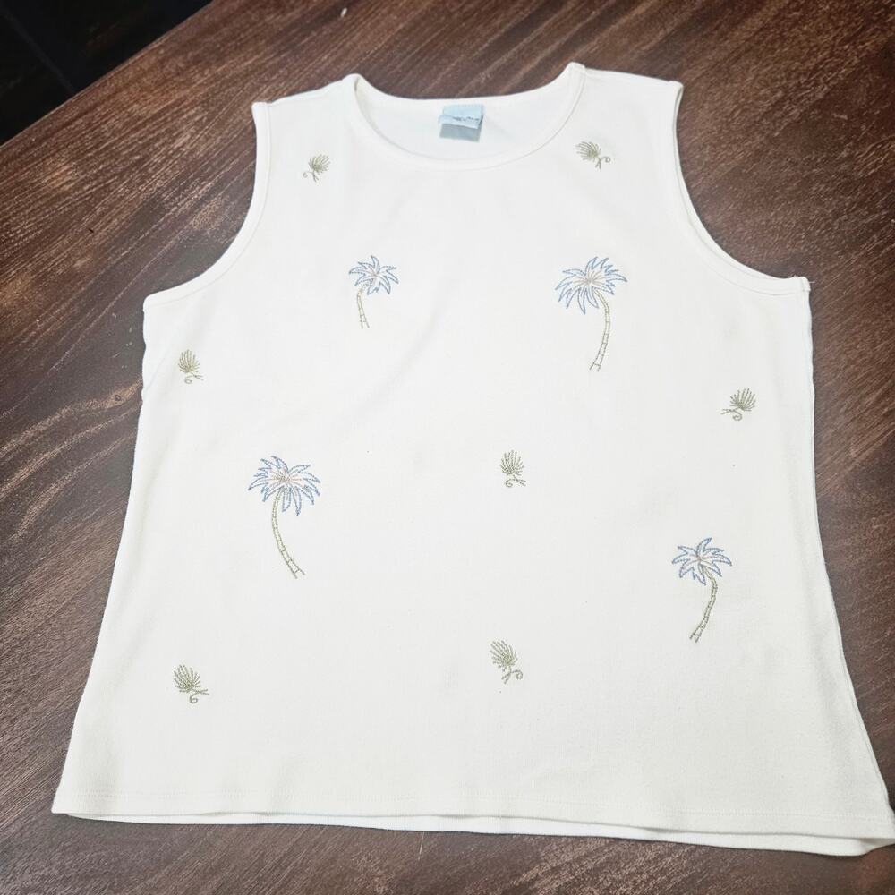 Vintage Cottagecore Cascade Blues Cream Palm Tree Embroidered Knit Tank Top